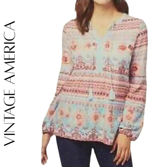 Vintage America Tops - VINTAGE AMERICA Blue Boho Style Peasant Blouse – Size L